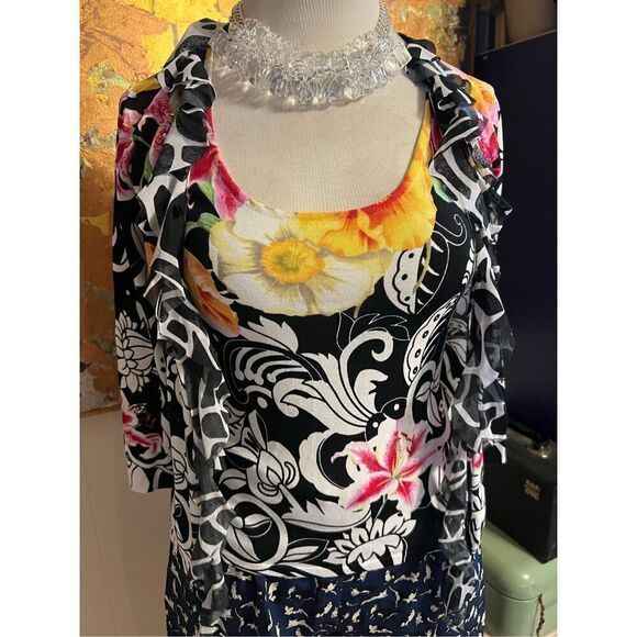 Vintage 80s Alberto Makali Women’s Medium Black Floral 2 Piece Outfit Set Blouse - Picture 7 of 12